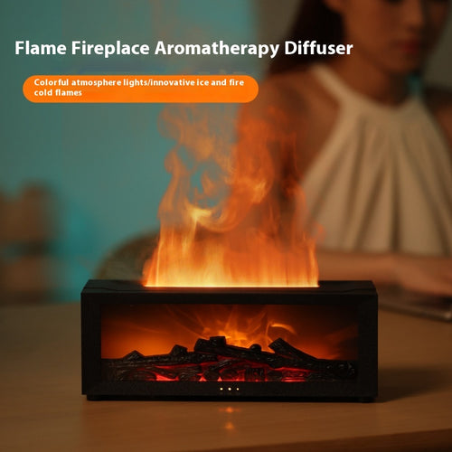 Ember & Ash flame mist fireplace lamp glowing with realistic flame effect mist in a dark gothic living room