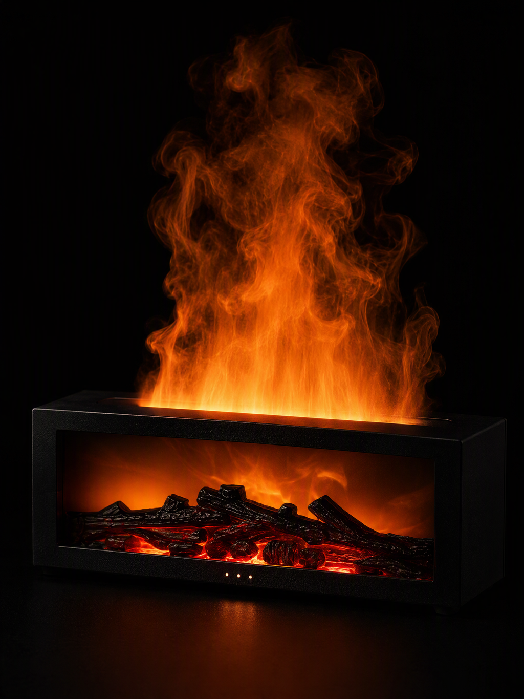 Close-up of the Ember & Ash flame mist lamp with glowing ember bed and orange flame mist plume