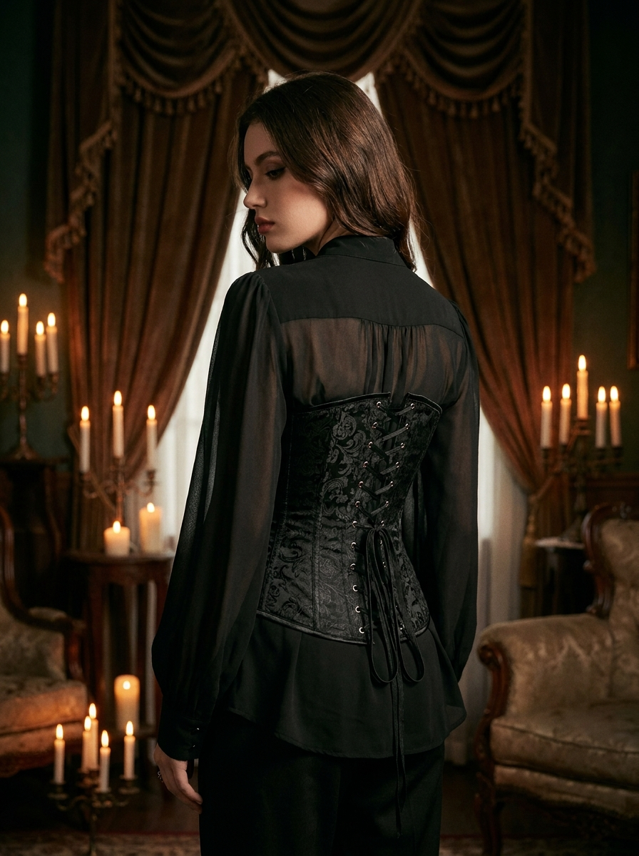 Silverthorn brocade corset dark editorial shot with candlelight