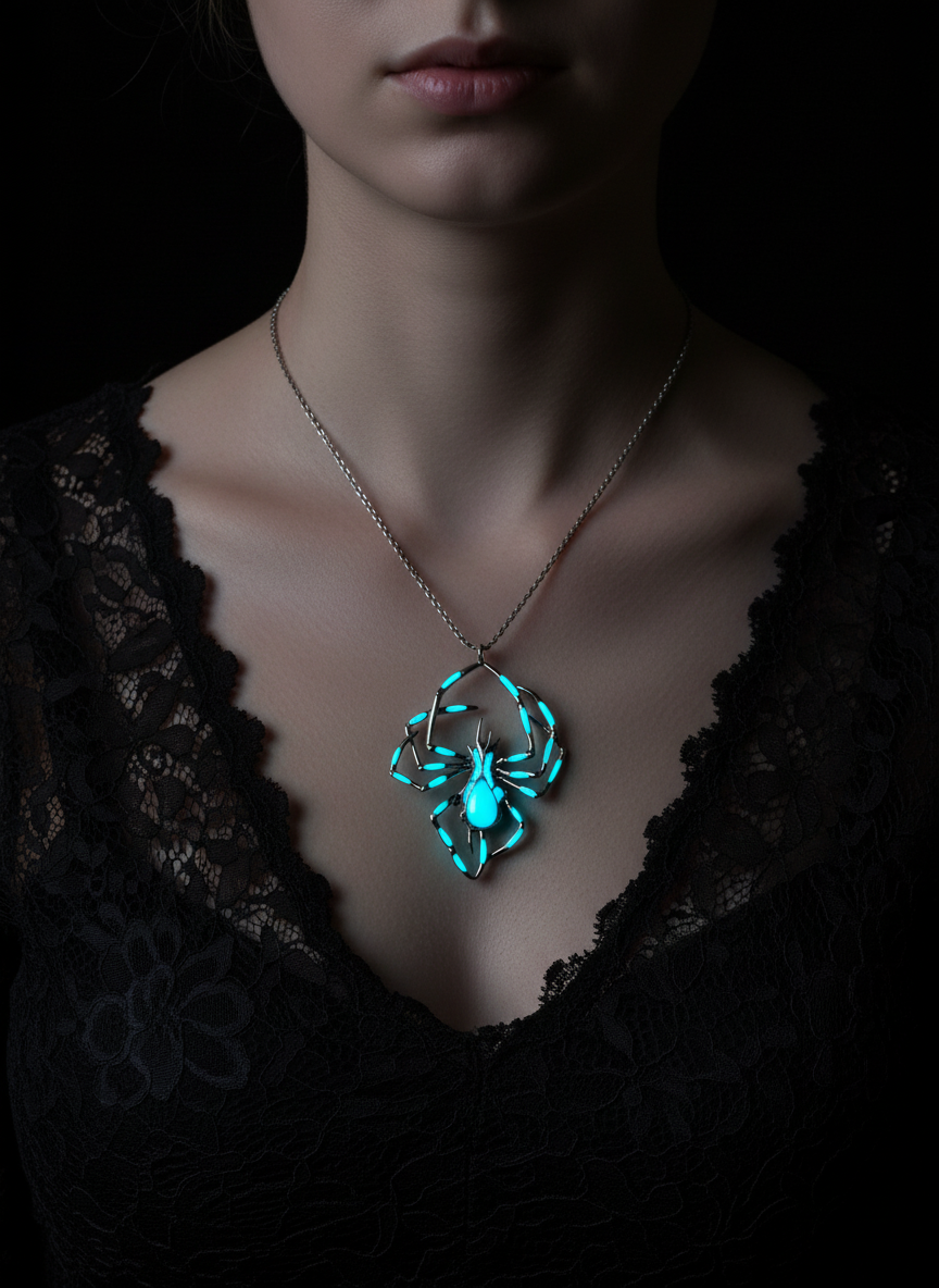 Model wearing the Widow's Glow luminous spider necklace glowing cyan over black lace