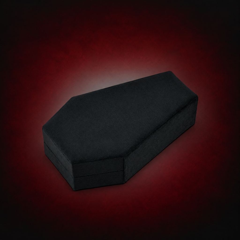 Selected black G90 Reliquary Coffin Jewelry Box against a dark crimson background, shown closed