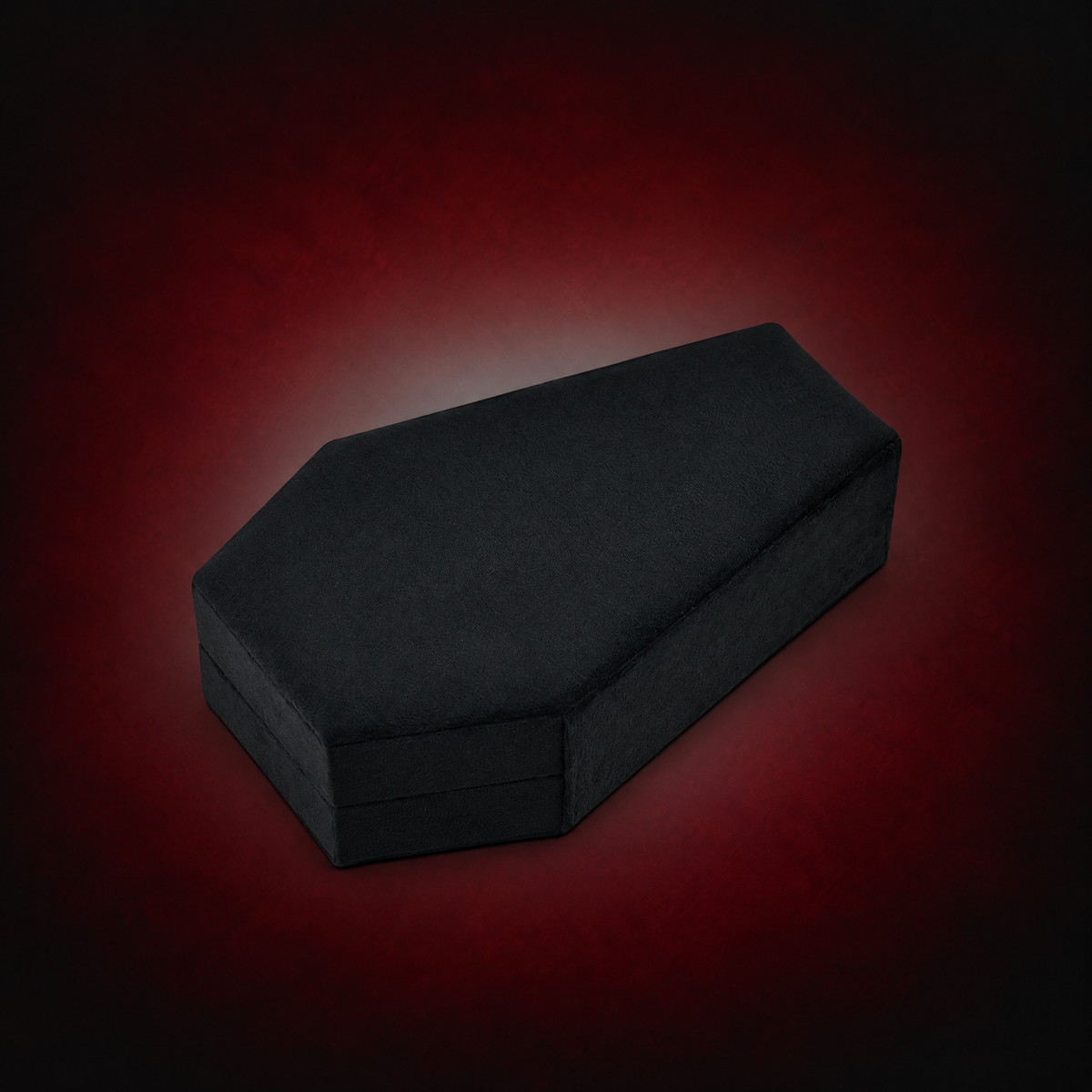 Selected black G90 Reliquary Coffin Jewelry Box against a dark crimson background, shown closed