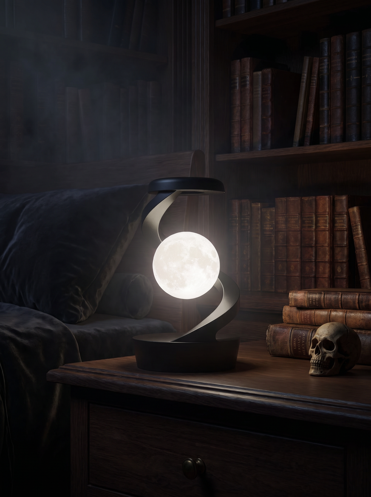 Lunar Levitation floating moon lamp glowing on a dark bedside table with antique books and skull