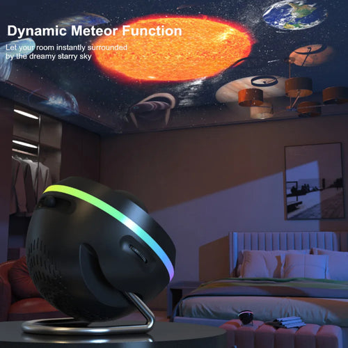 Nebula Noir 13-in-1 galaxy projector casting purple and blue nebula stars across a dark bedroom ceiling