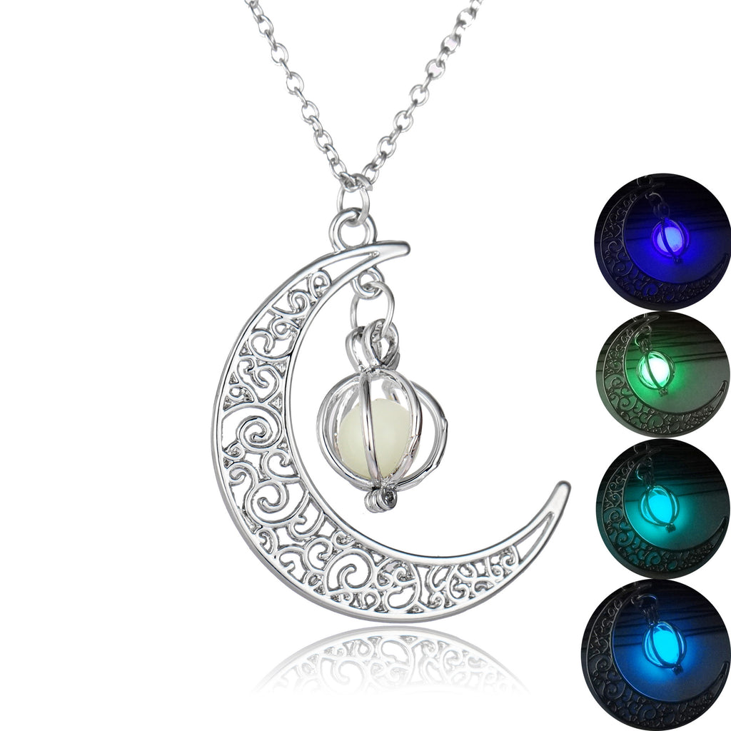 Silver crescent moon pendant with glow stone bead and color options