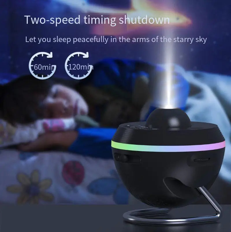 Nebula Noir 13-in-1 galaxy projector casting purple and blue nebula stars across a dark bedroom ceiling - view 3 of 4
