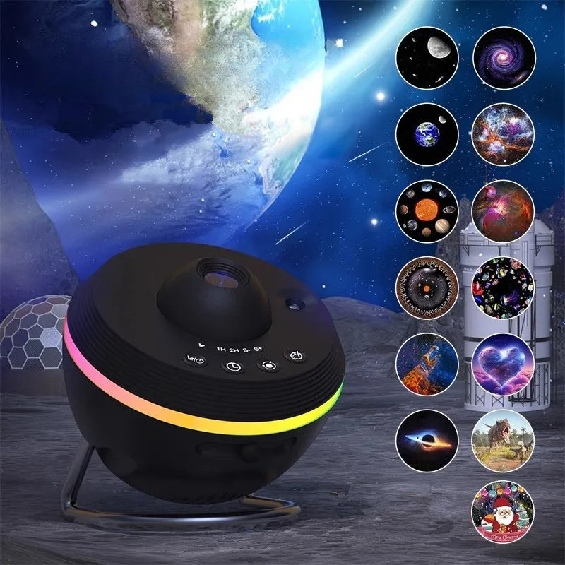 Nebula Noir 13-in-1 galaxy projector casting purple and blue nebula stars across a dark bedroom ceiling - view 4 of 4