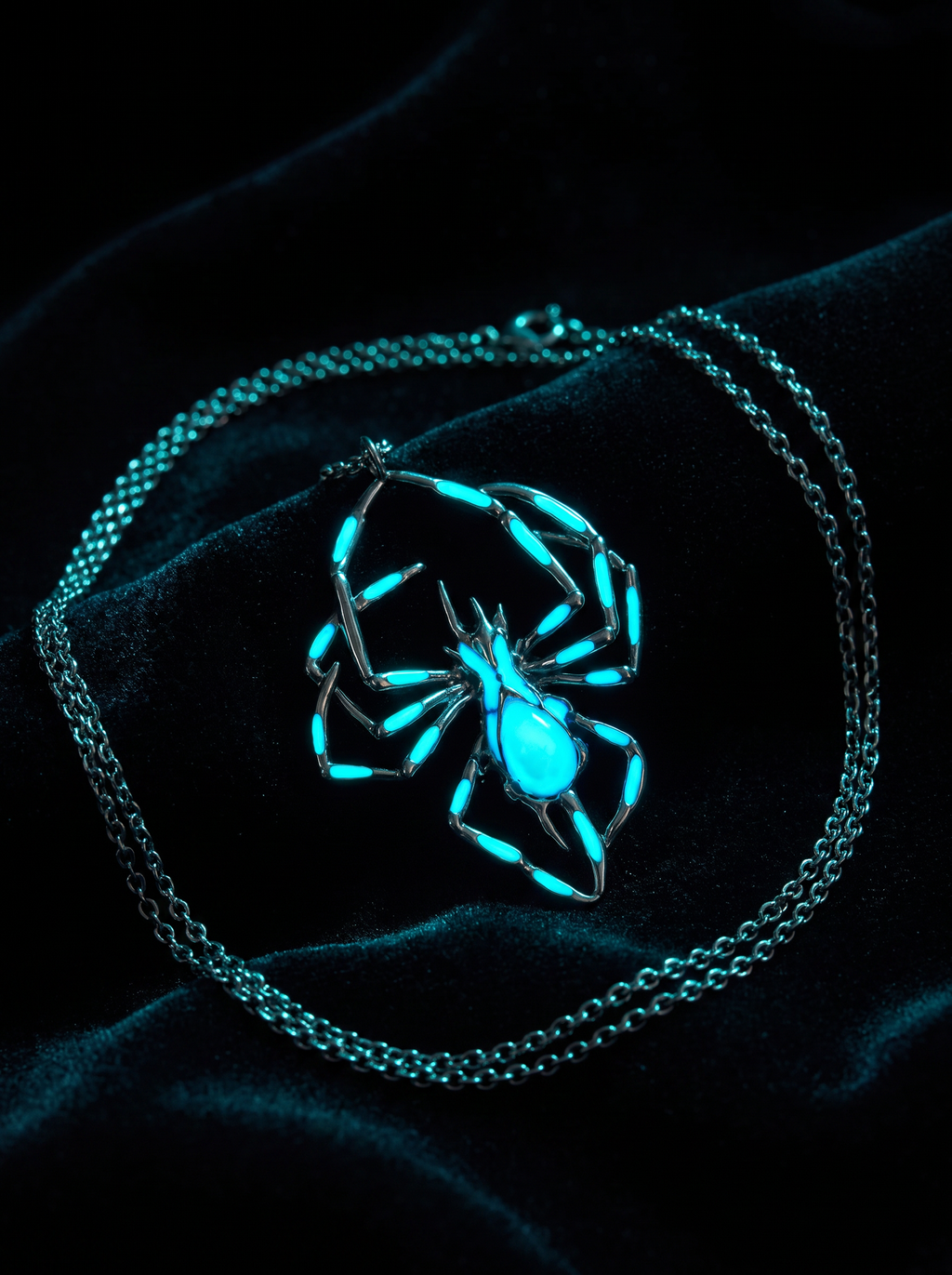 Widow's Glow spider necklace glowing vivid cyan on black velvet in the dark