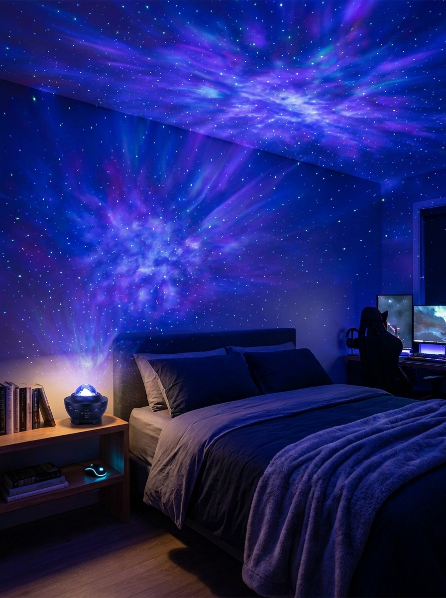 Nebula Noir galaxy projector casting a blue and purple nebula across a dark gaming bedroom
