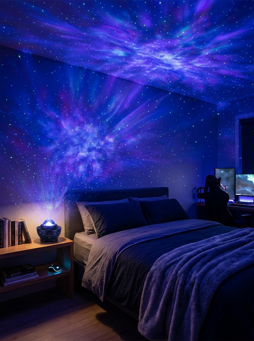 Nebula Noir galaxy projector casting a blue and purple nebula across a dark gaming bedroom