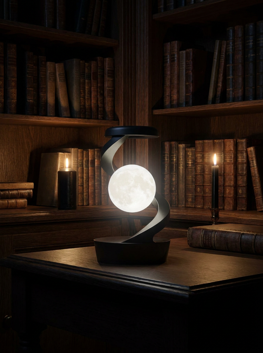 Lunar Levitation moon lamp floating above its base in a moody study