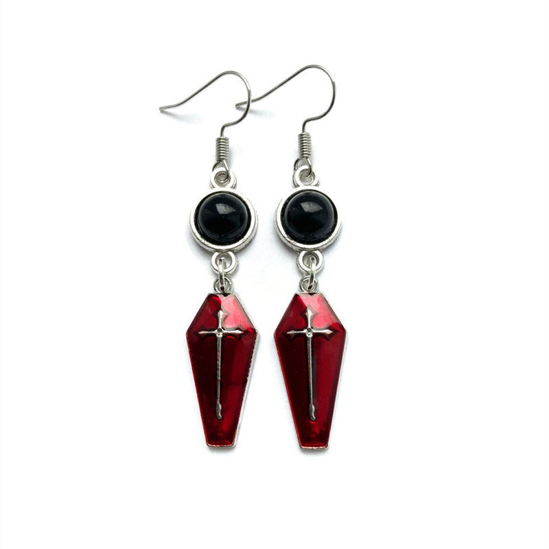 Pair of selected 1 Style crimson coffin cross earrings with black round settings and silver-tone hooks