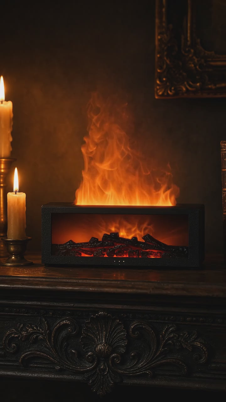 Cinematic showcase: Ember & Ash Flame Mist Fireplace Lamp with glowing ember bed and orange mist