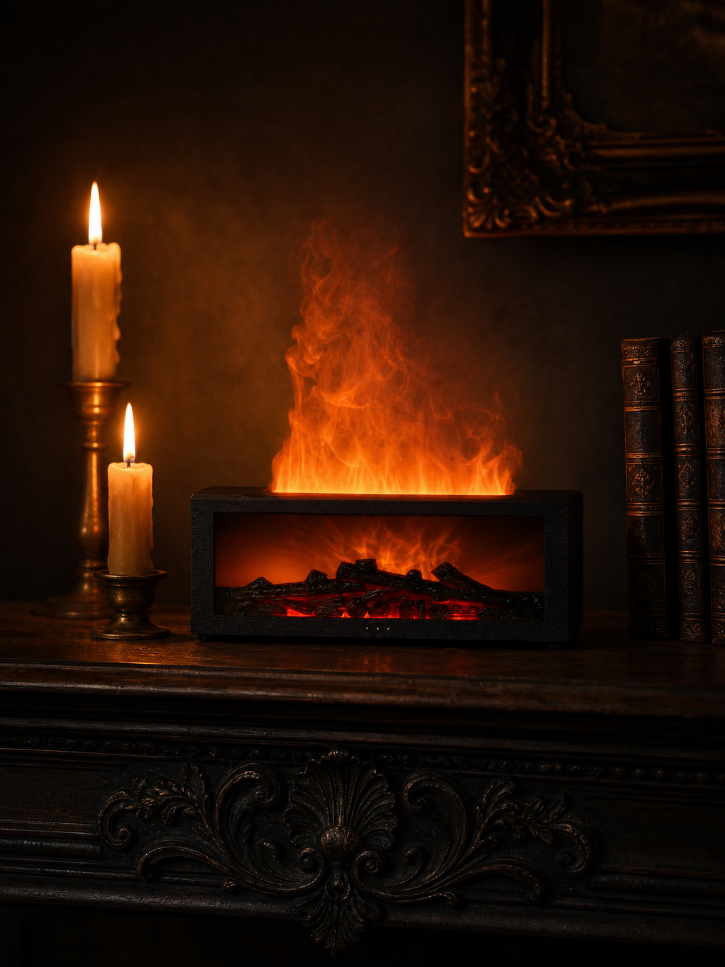 Ember & Ash flame mist fireplace lamp glowing on a dark gothic mantel beside candles and antique books