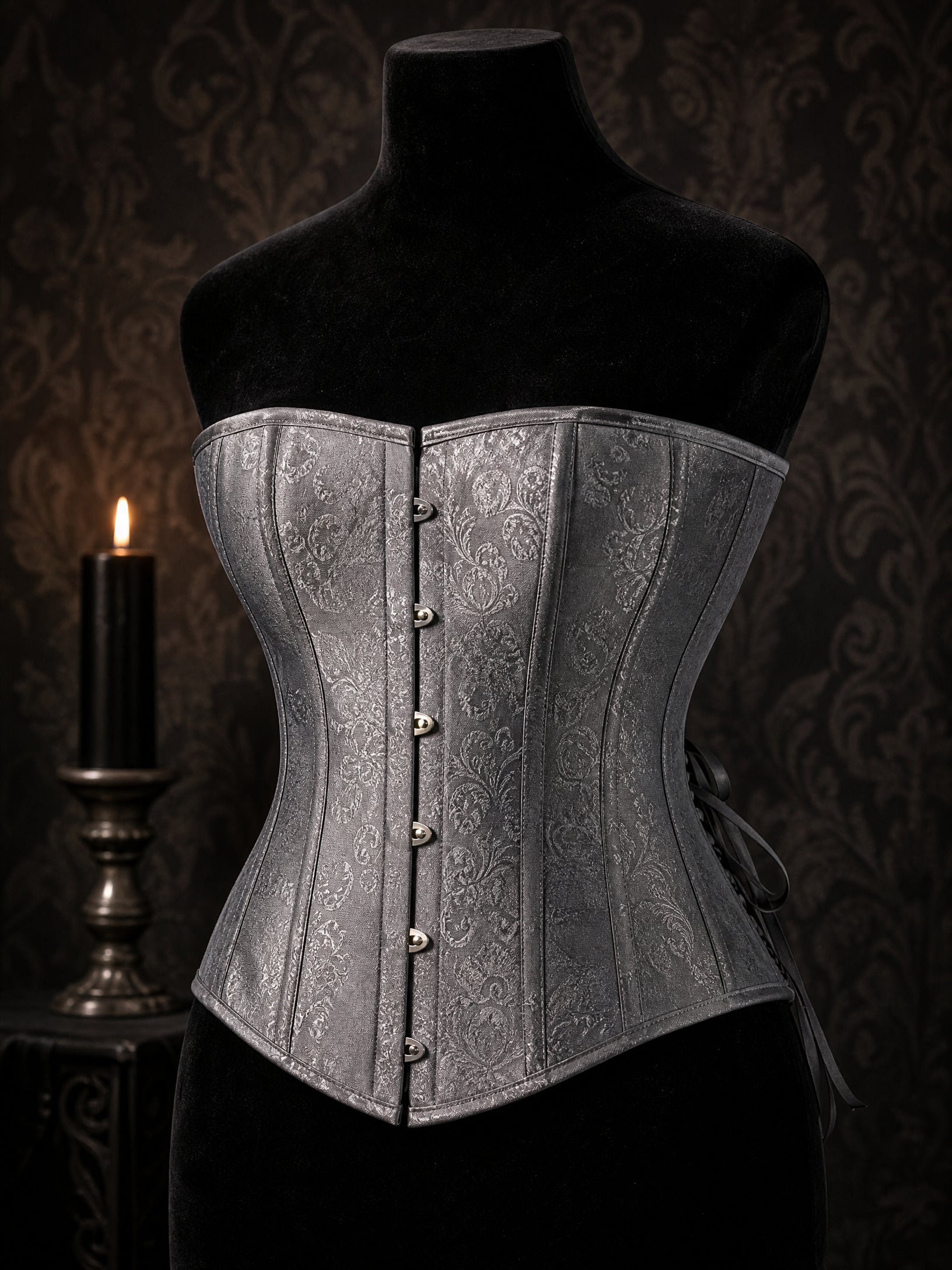 Silverthorn brocade steel-boned corset on black velvet dress form with candlelight