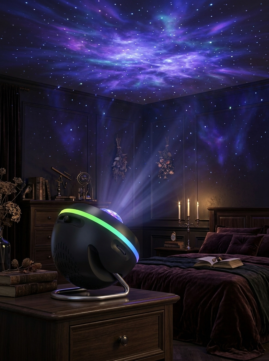 Galaxy projector nebula light show over a cozy bed at night