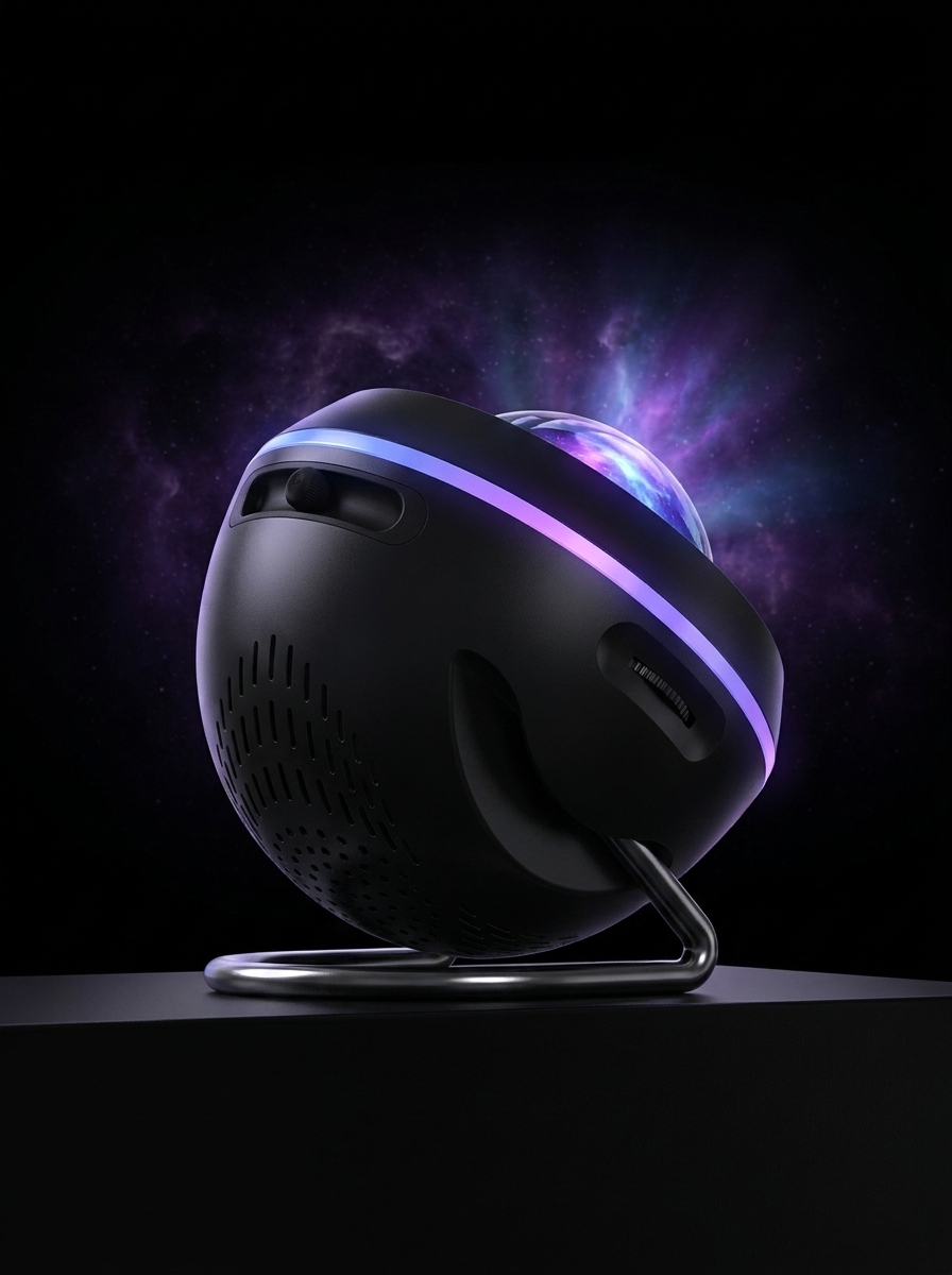 Close-up of the Nebula Noir galaxy projector glowing on a nightstand