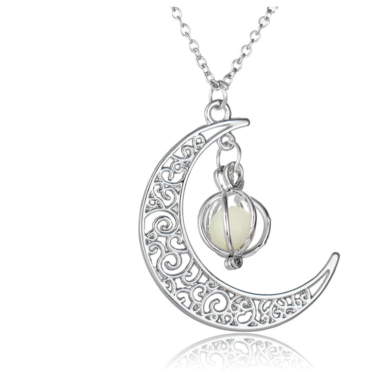 Moonfire Blue crescent necklace in normal light